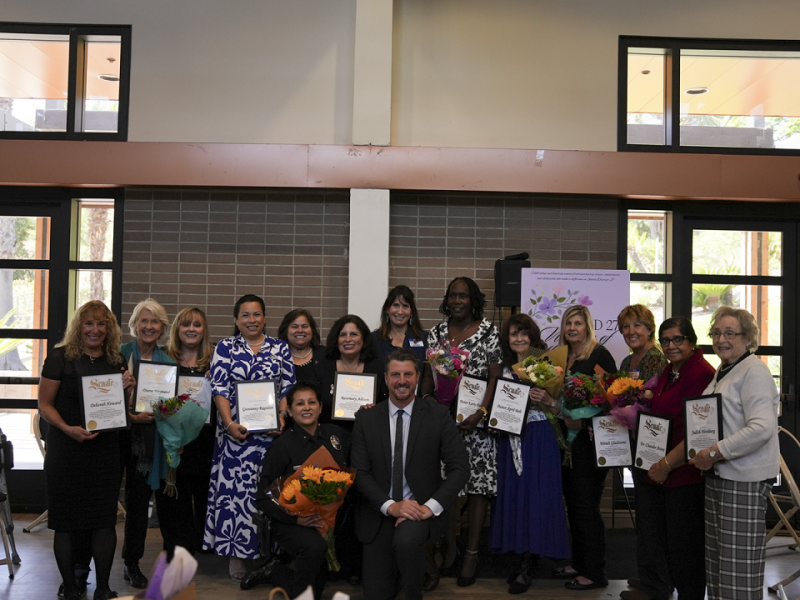 Back row from left: Deborah Howard, Diana Weynand, Paula Cracium, Geovanny Ragsdale, Renay Rodriguez, Rosemary Allison, Julie Wallach, Pastor Kathy Huck, Pastor April Belt, Kathleen Sterling, Wendi Gladstone, Dr. Chandler Arora and Judith Hirshberg. Front row, Commander Elaine Morales and Sen. Stern. 